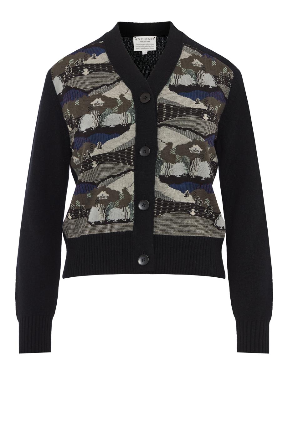 Intarsia knitted wool cardigan in black