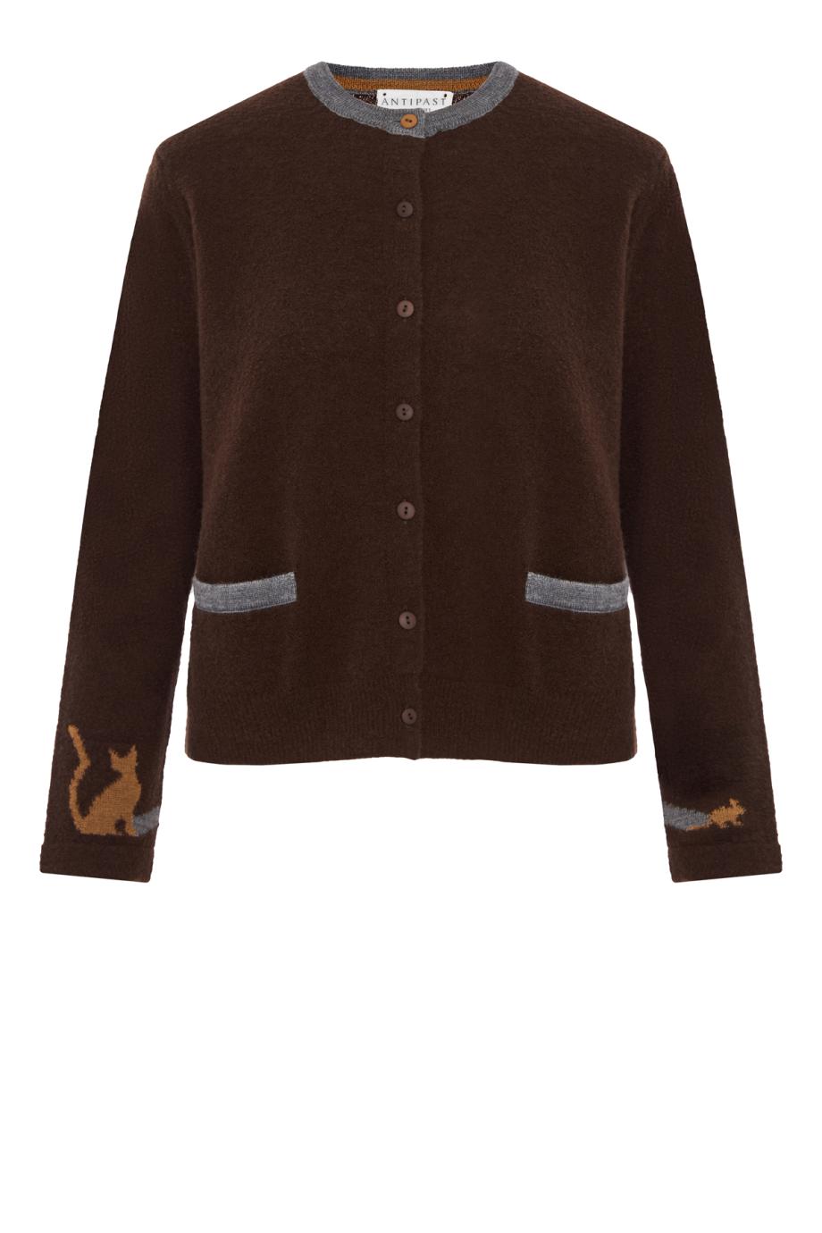 Intarsia knitted wool-blend cardigan in brown