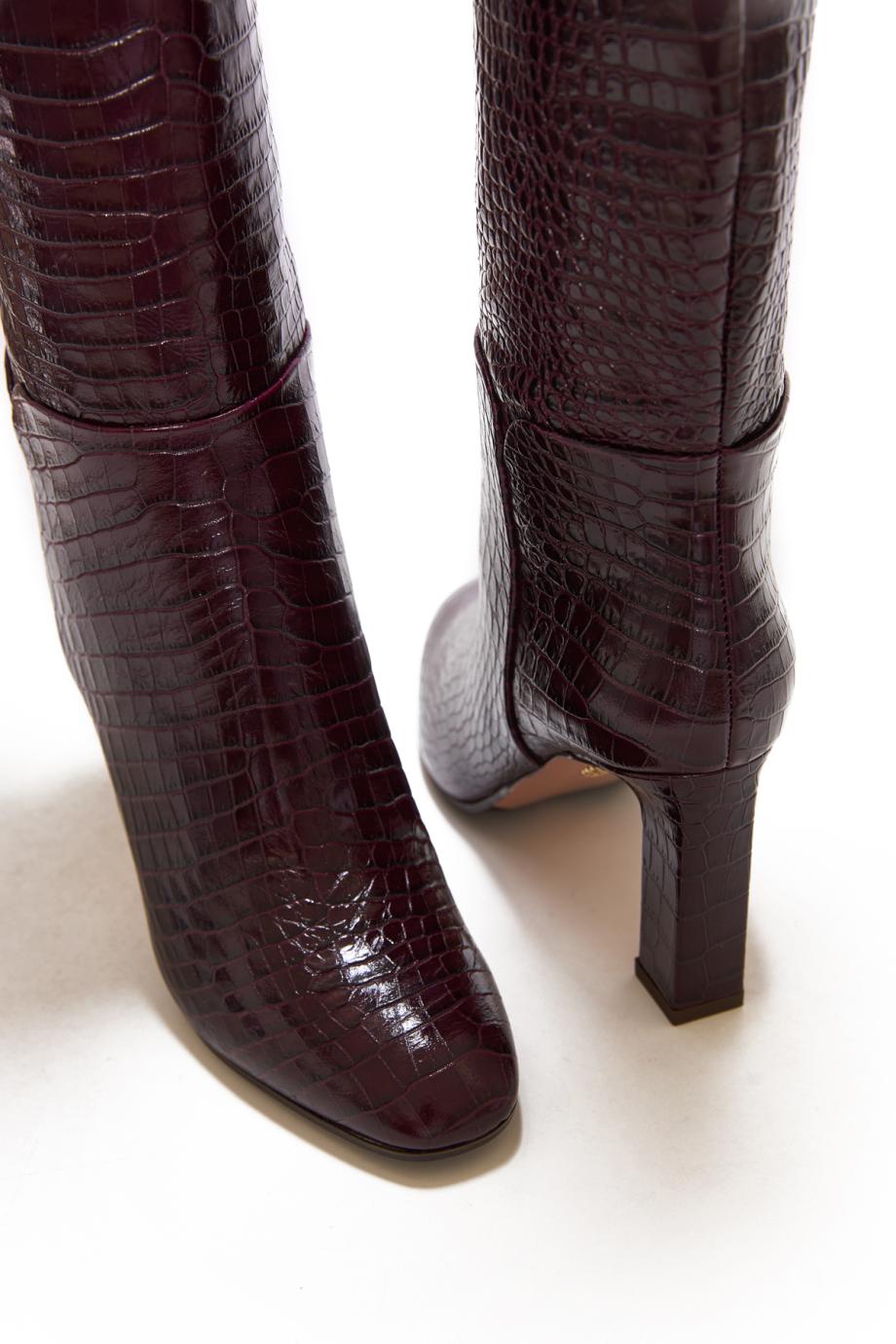 Sellier 85 croc-embossed leather boots in rich plum