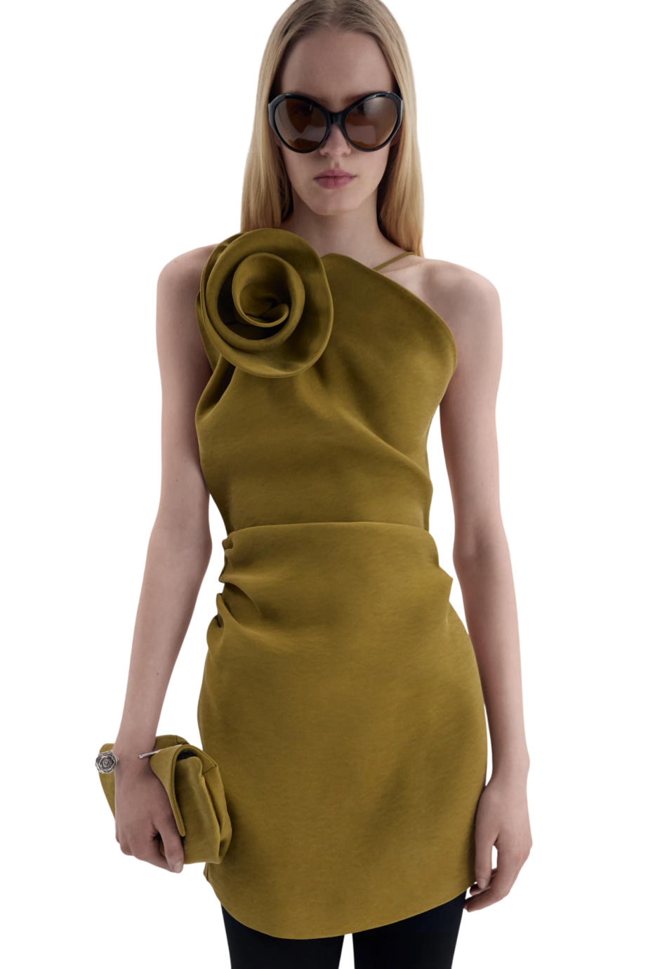 Appliquéd silk mini dress in green
