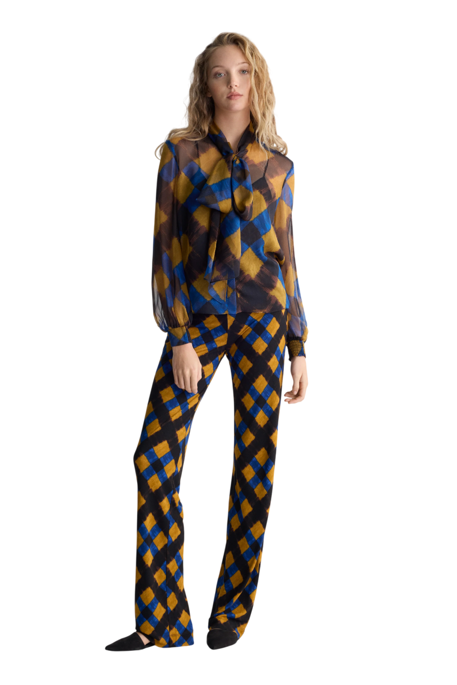 Garcele silk chiffon bow-neck blouse in caraway plaid