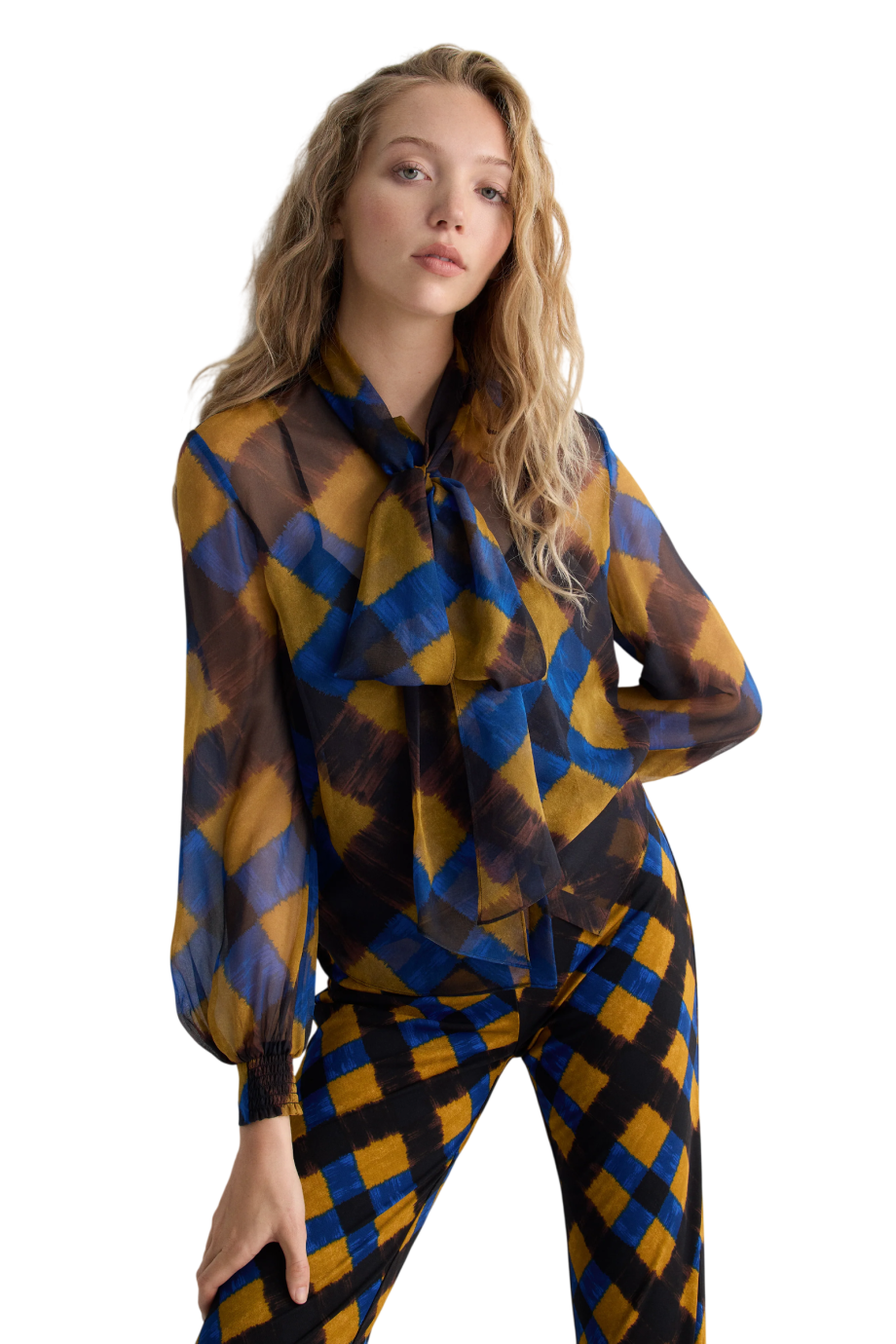 Garcele silk chiffon bow-neck blouse in caraway plaid