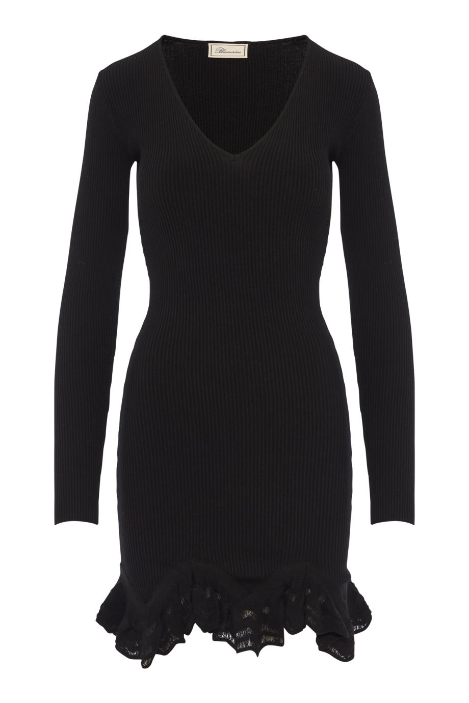 Scalloped-ruffle rib-knit mini dress in black