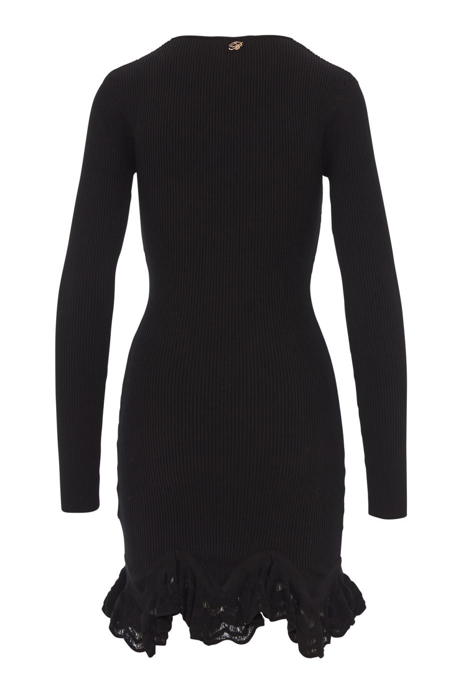 Scalloped-ruffle rib-knit mini dress in black