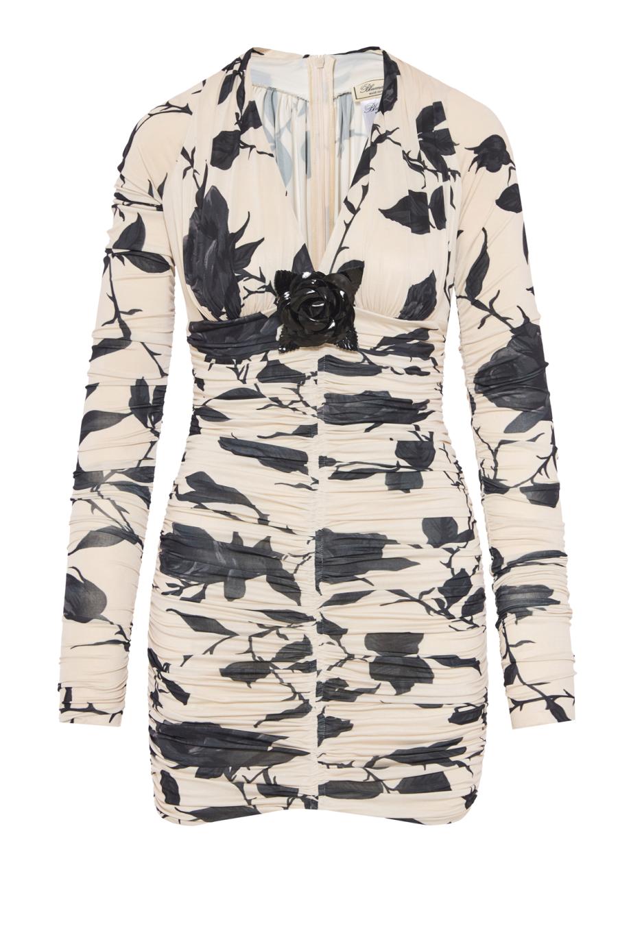 Ruched printed tulle mini dress in amberlight