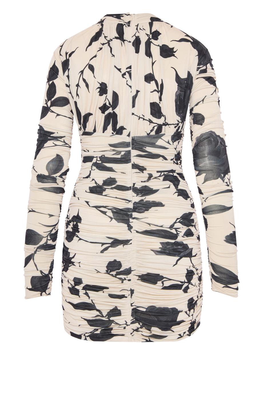 Ruched printed tulle mini dress in amberlight