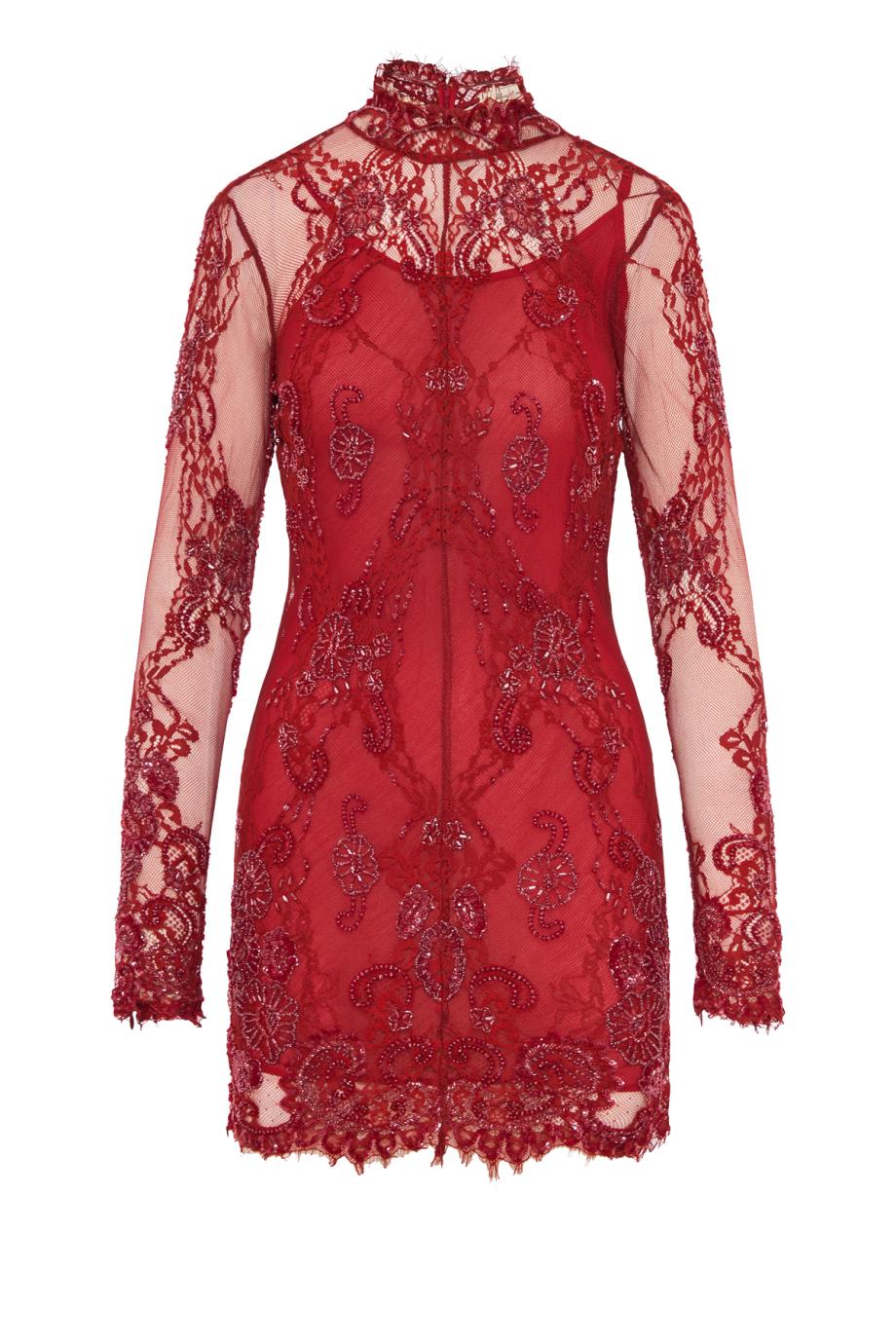 Bead-embroidered lace mini dress in lipstick red