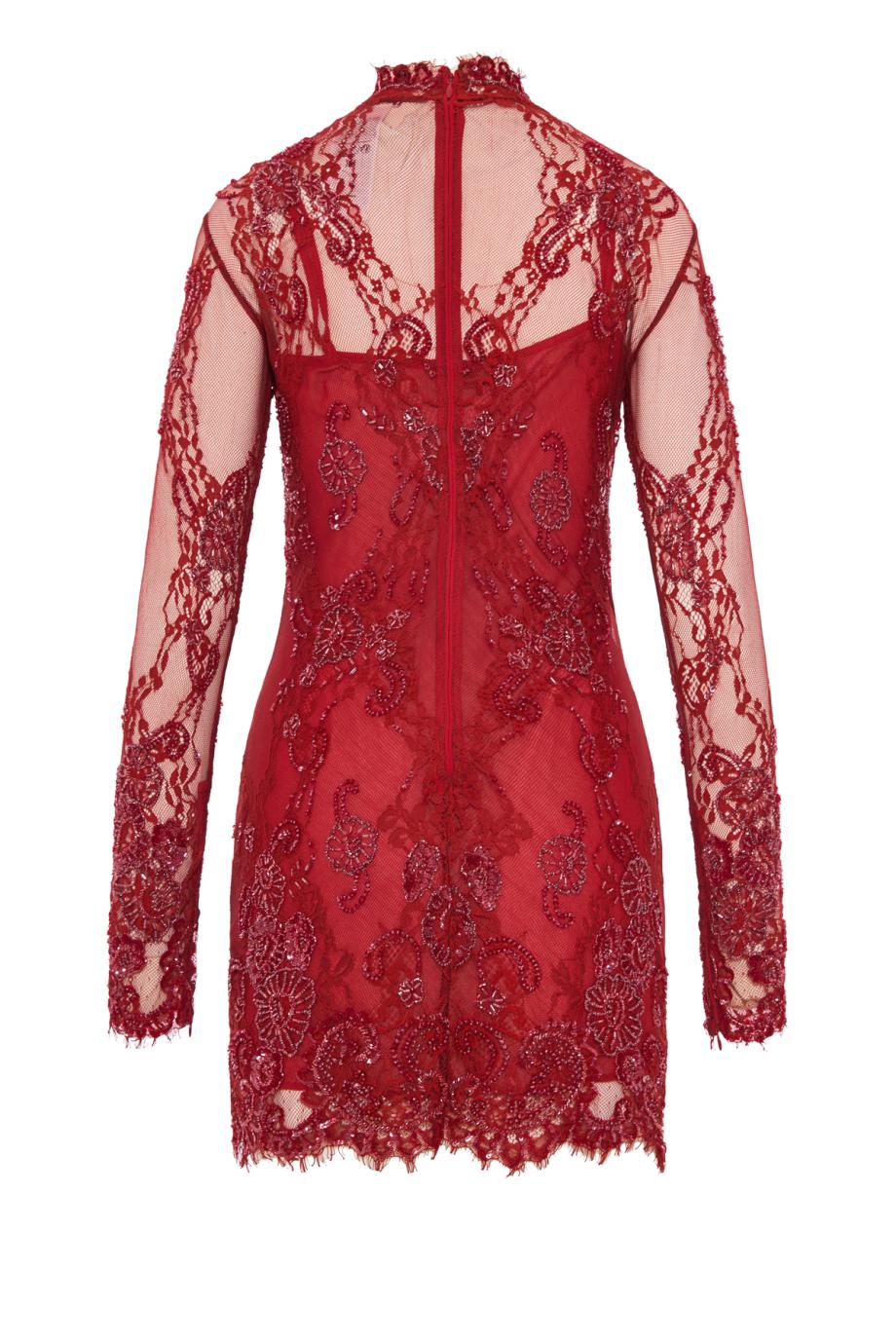 Bead-embroidered lace mini dress in lipstick red
