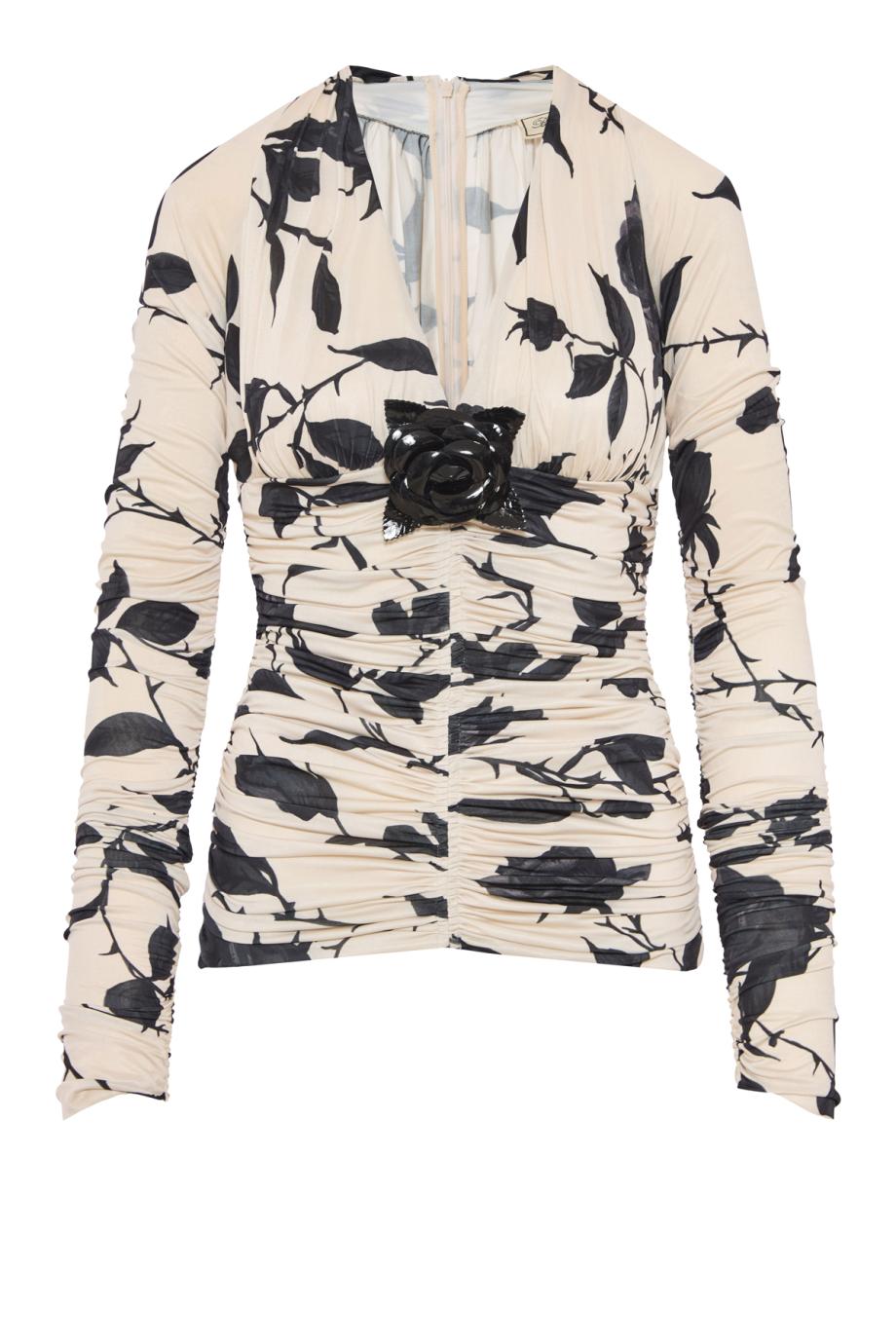 Ruched printed tulle top in amberlight