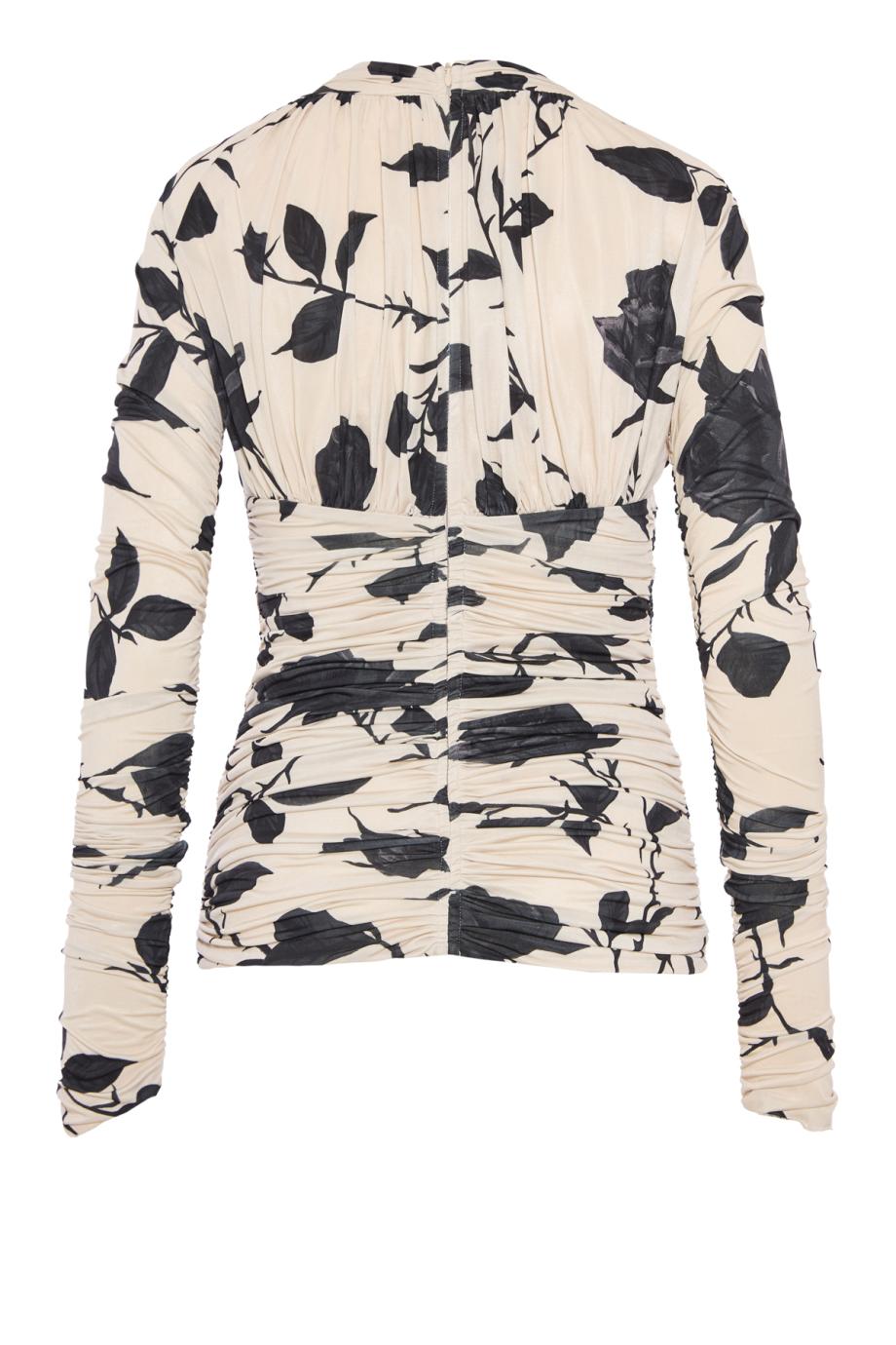 Ruched printed tulle top in amberlight