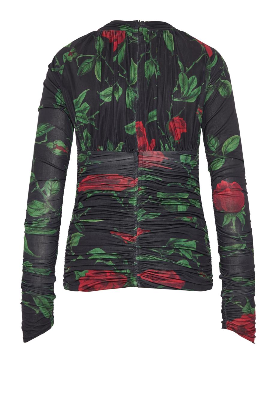 Ruched printed tulle top in black