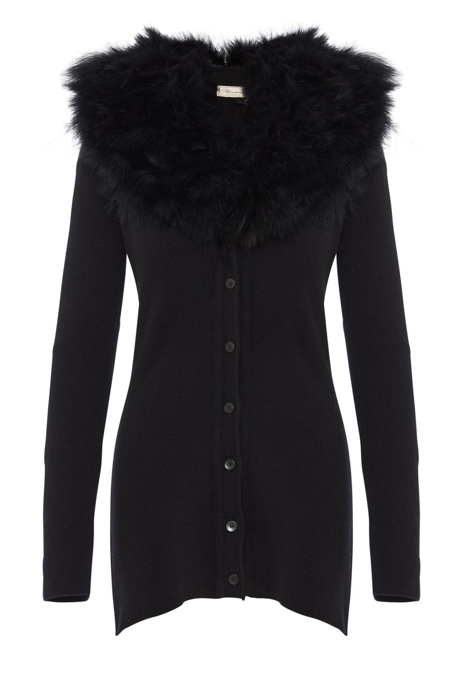 Fur-trimmed wool cardigan in black