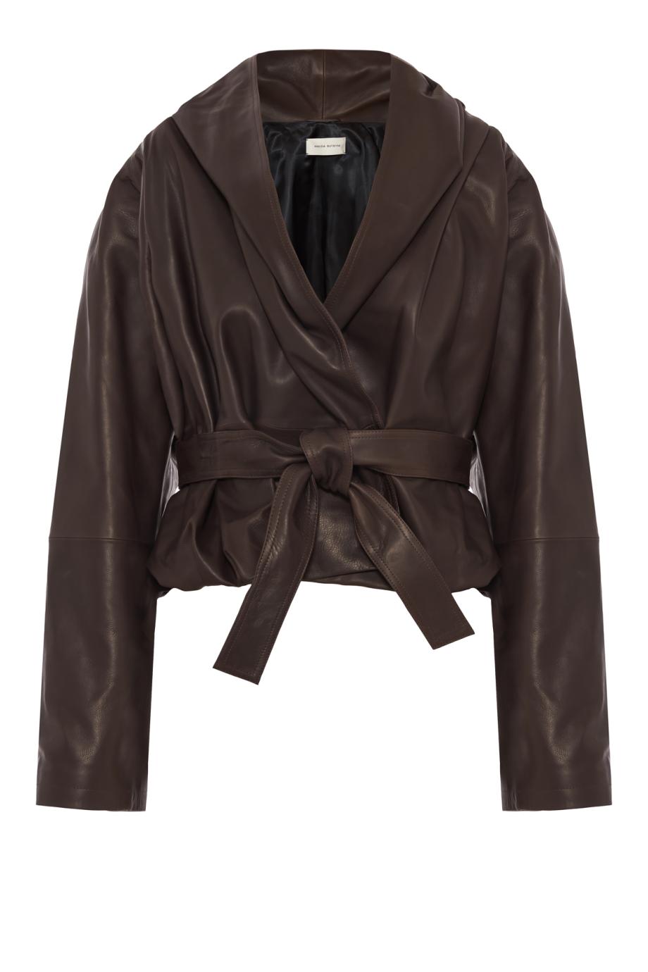Belted peplum leather jacket in dark brown