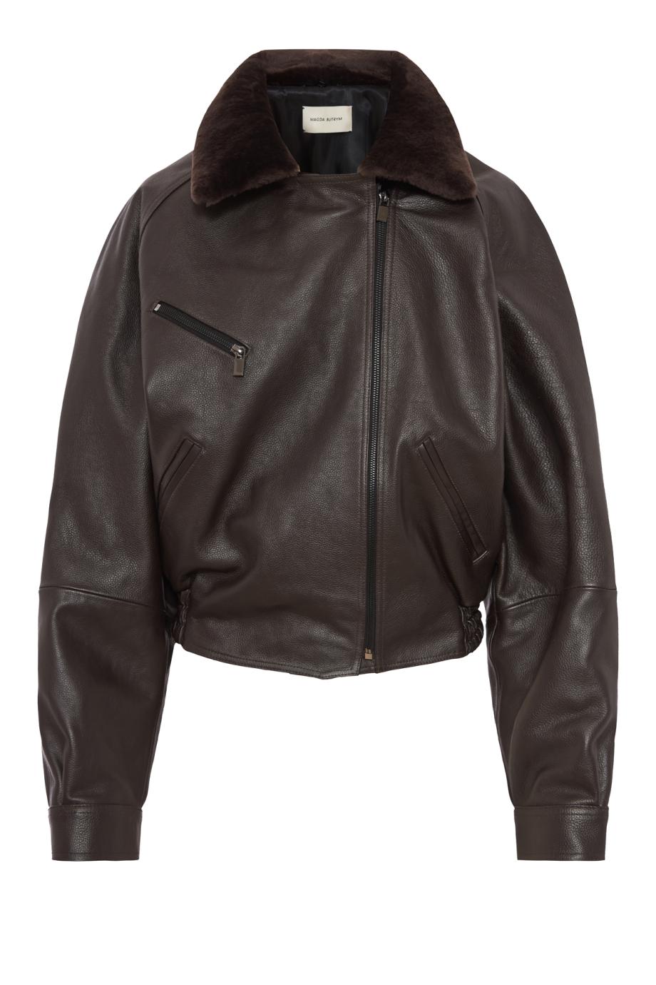 Fur-collar leather biker jacket in dark brown