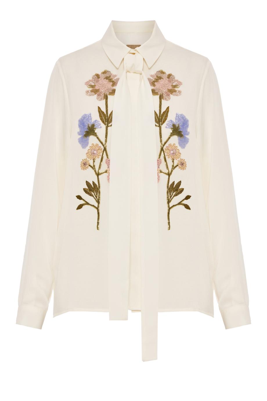 Embellished silk shirt in powder white