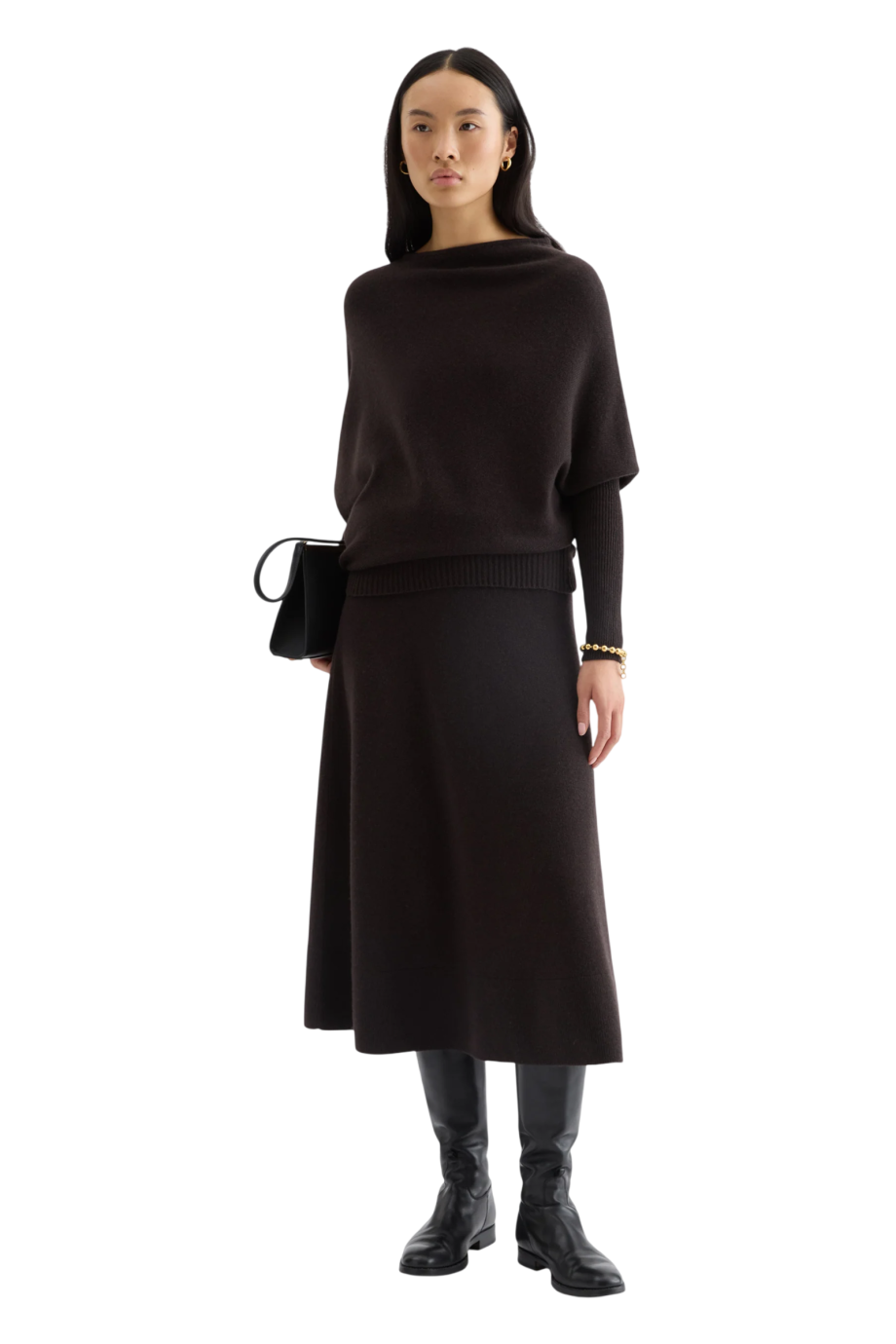 High-waisted cashmere midi skirt in ebony