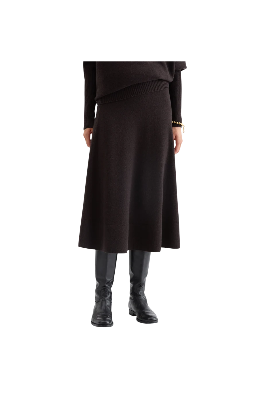 High-waisted cashmere midi skirt in ebony