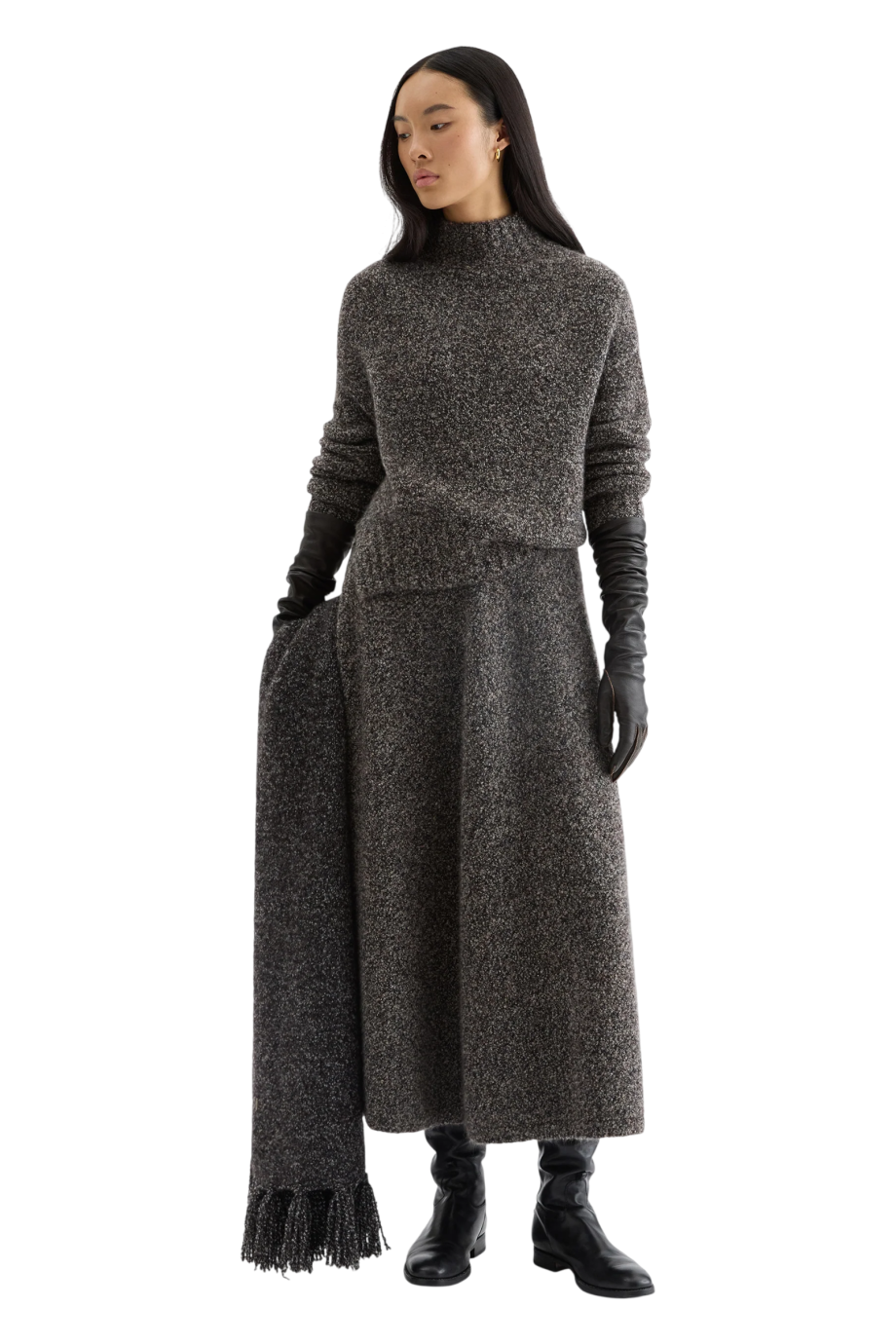 Cocoon bouclé cashmere and silk midi skirt in chocolate