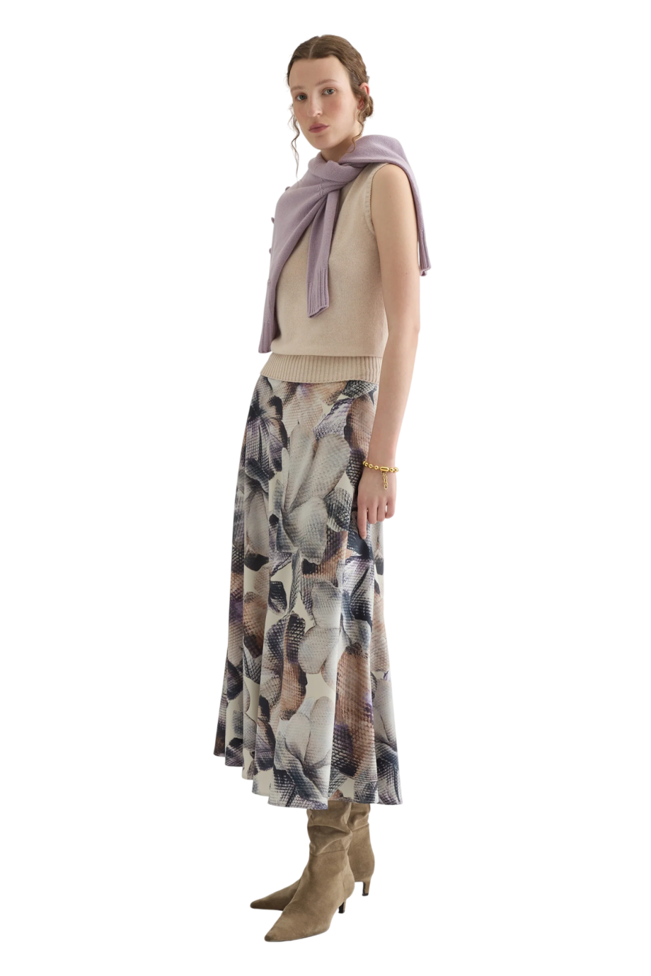 Printed bias-cut silk midi skirt in beige