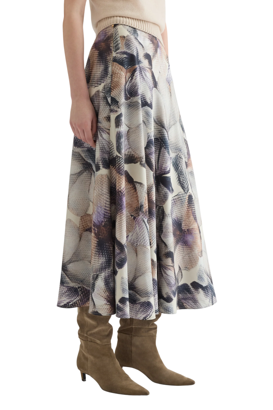 Printed bias-cut silk midi skirt in beige