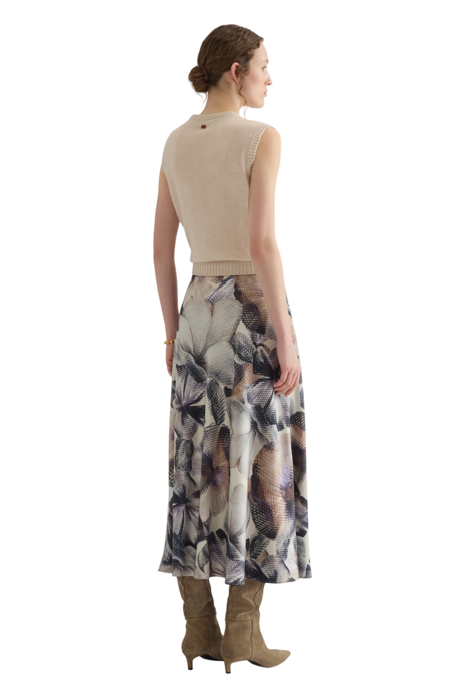 Printed bias-cut silk midi skirt in beige