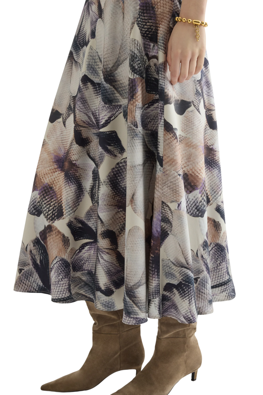 Printed bias-cut silk midi skirt in beige