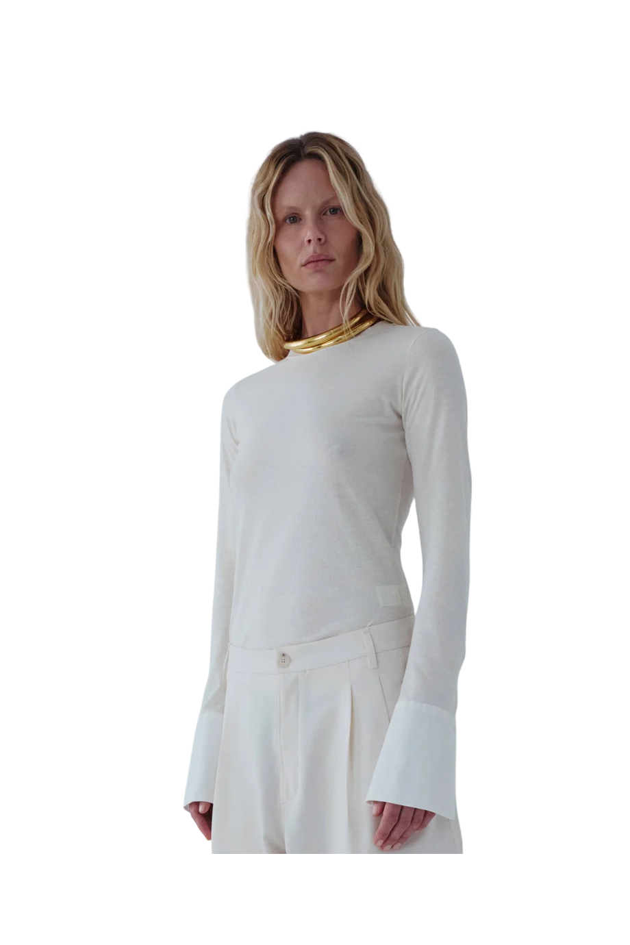 Nora cotton long-sleeved top with shirt cuffs in ivory