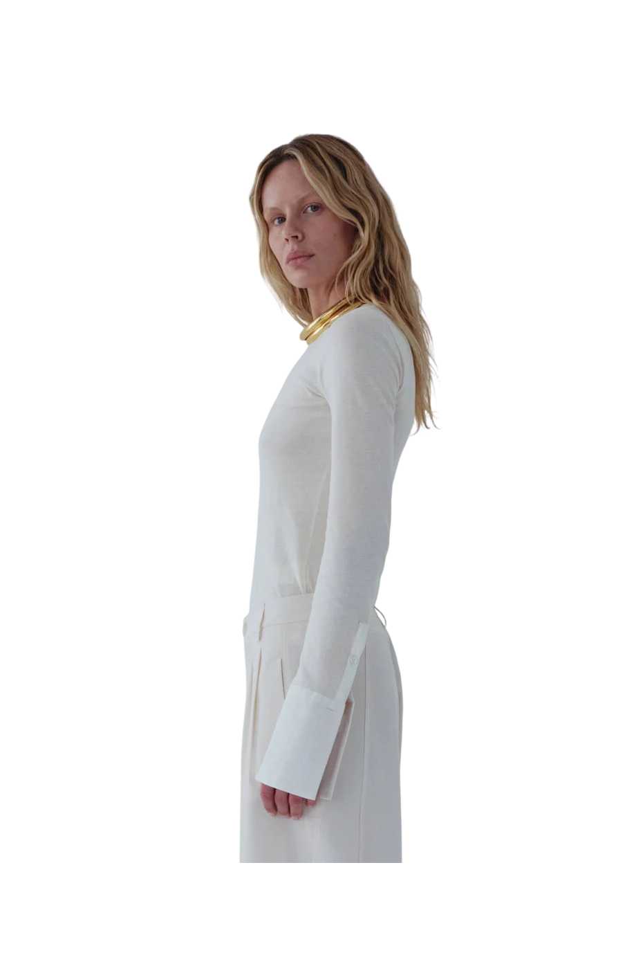 Nora cotton long-sleeved top with shirt cuffs in ivory