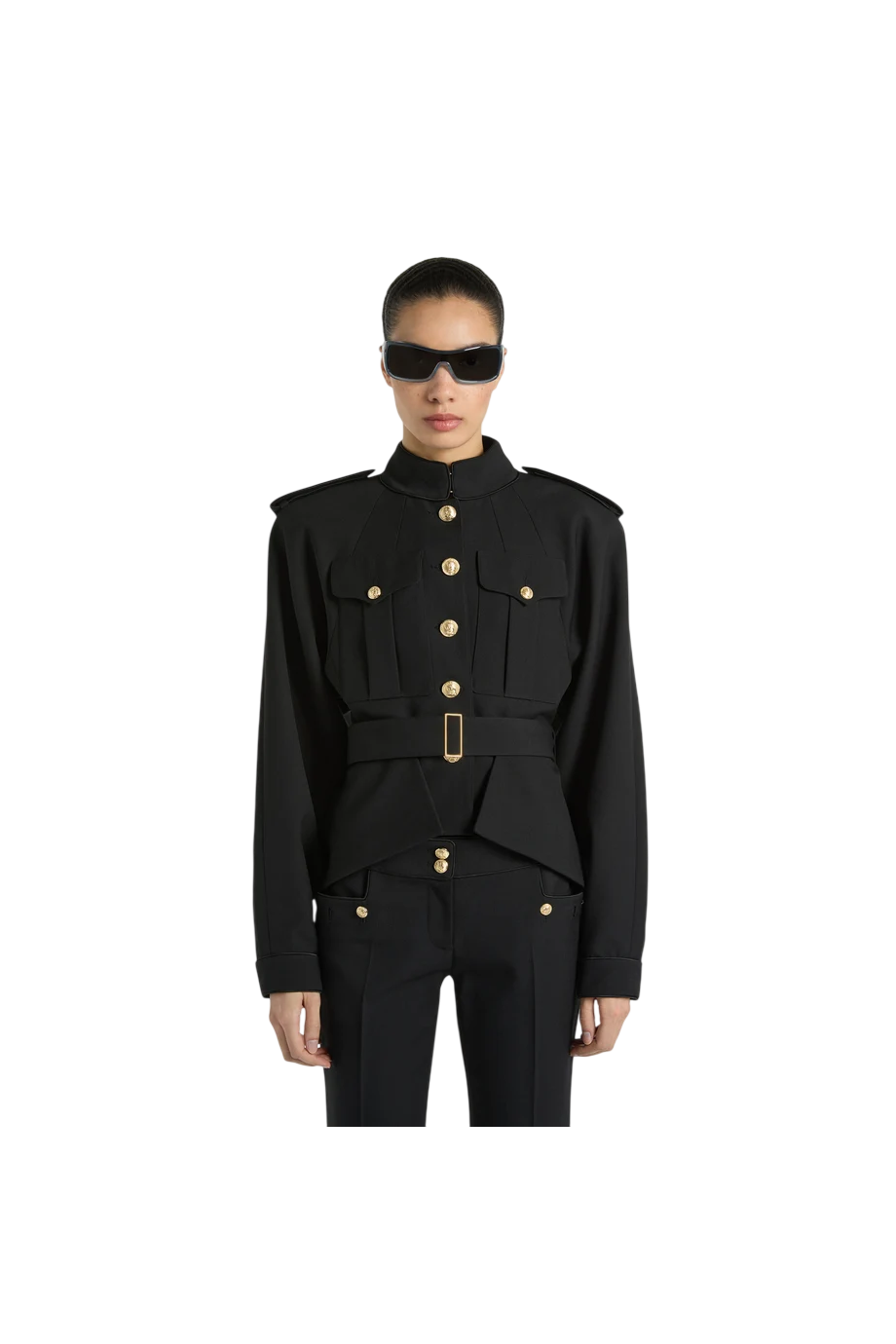 Belted wool gabardine jacket in black