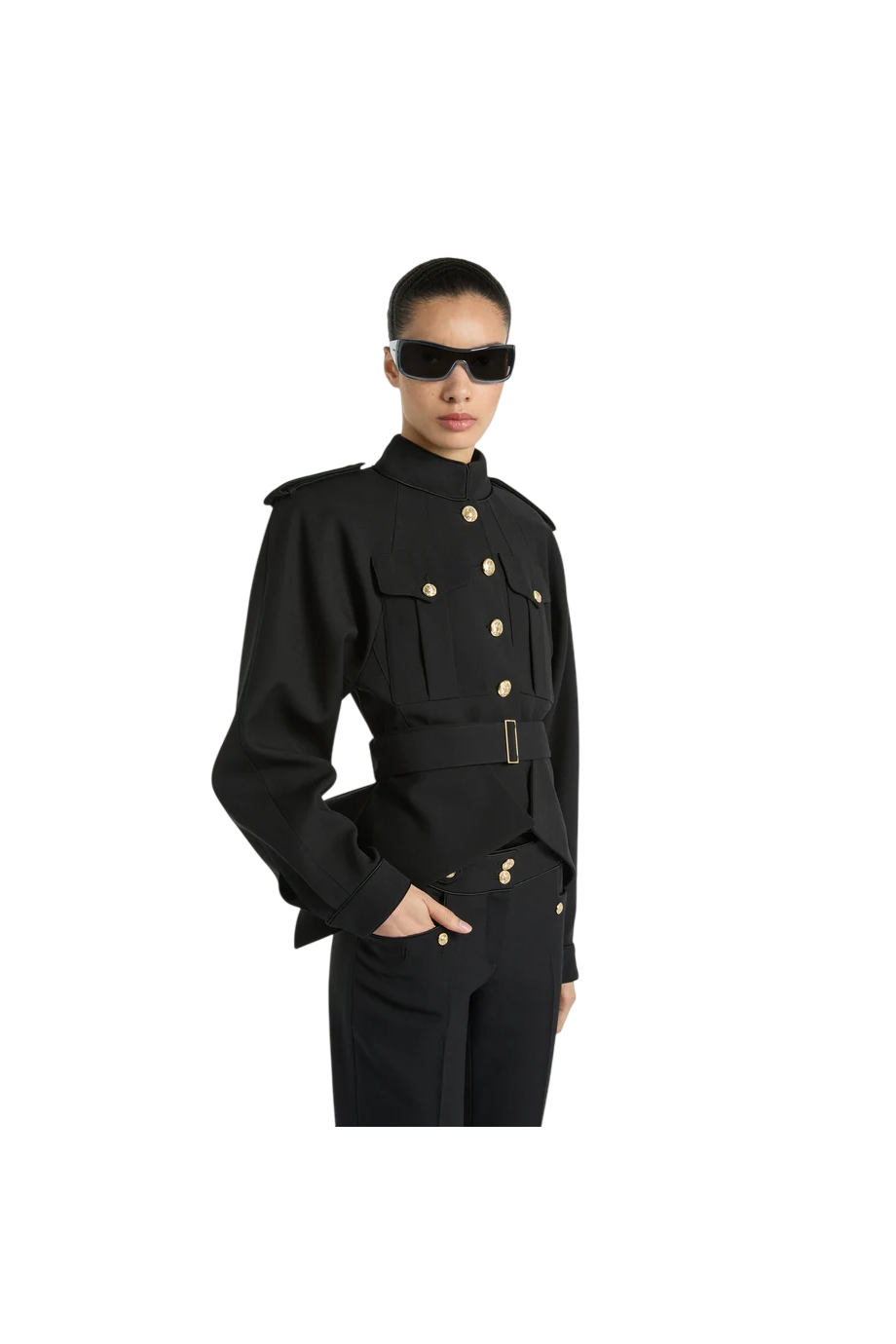 Belted wool gabardine jacket in black