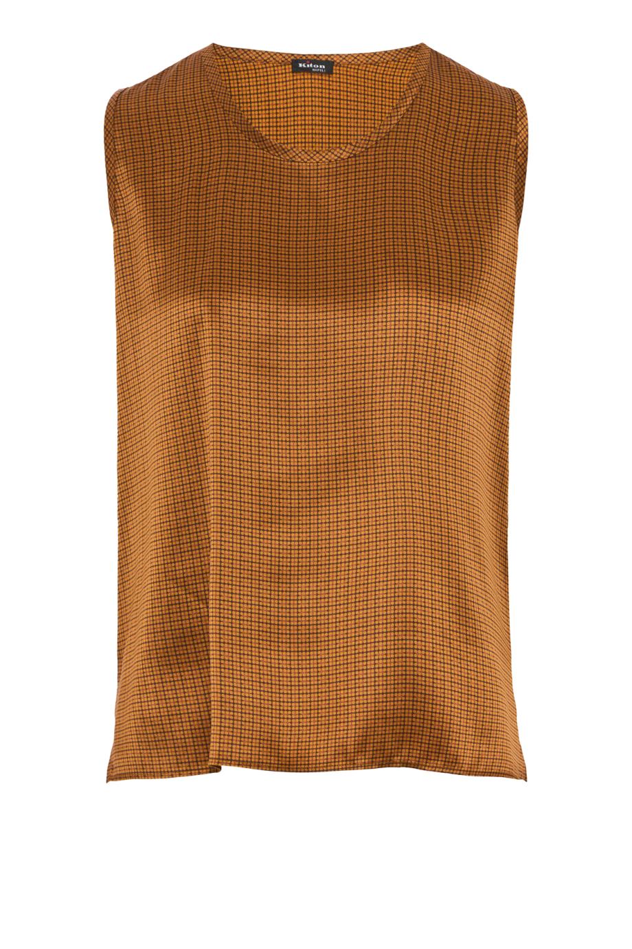Micro-check silk sleeveless top in brown