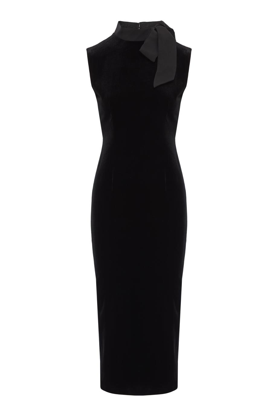 Organza bow-neck velvet midi dress in black