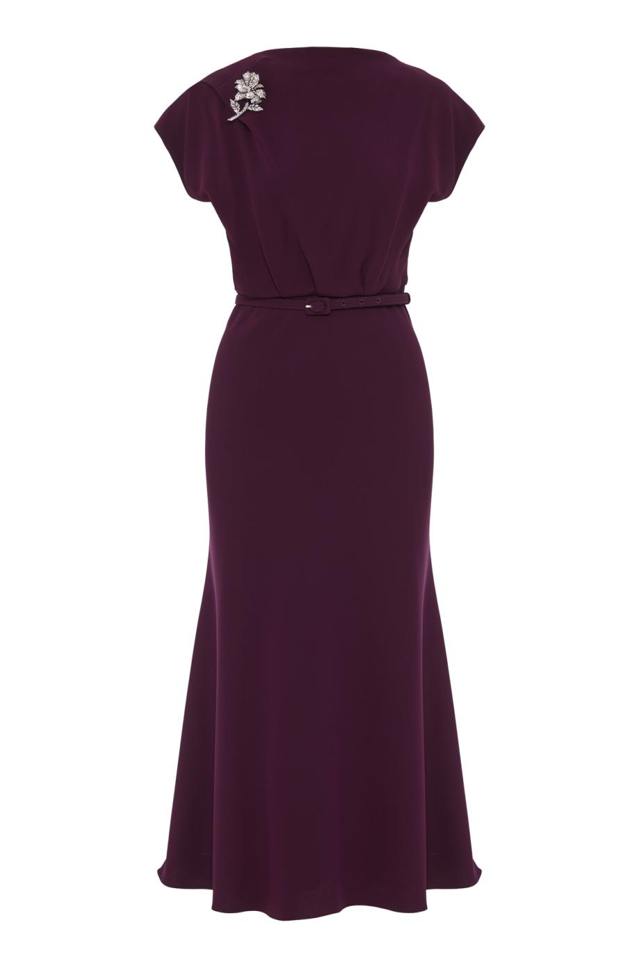 Flower-brooch crepe midi dress in prune