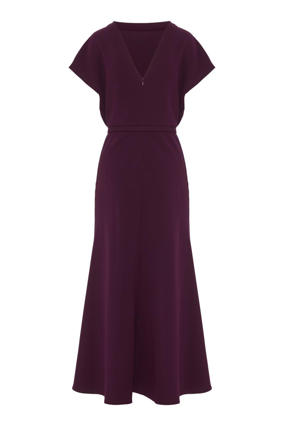 Flower-brooch crepe midi dress in prune