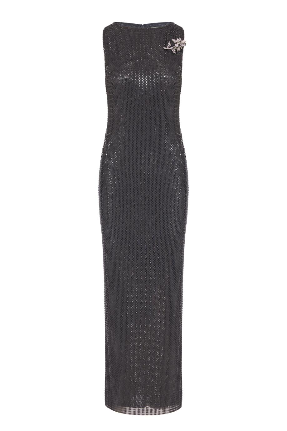 Flower-brooch diamante crepe maxi dress in dark silver