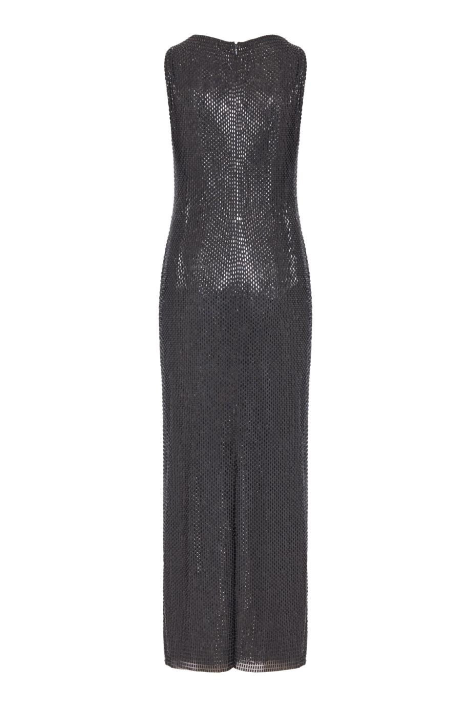 Flower-brooch diamante crepe maxi dress in dark silver