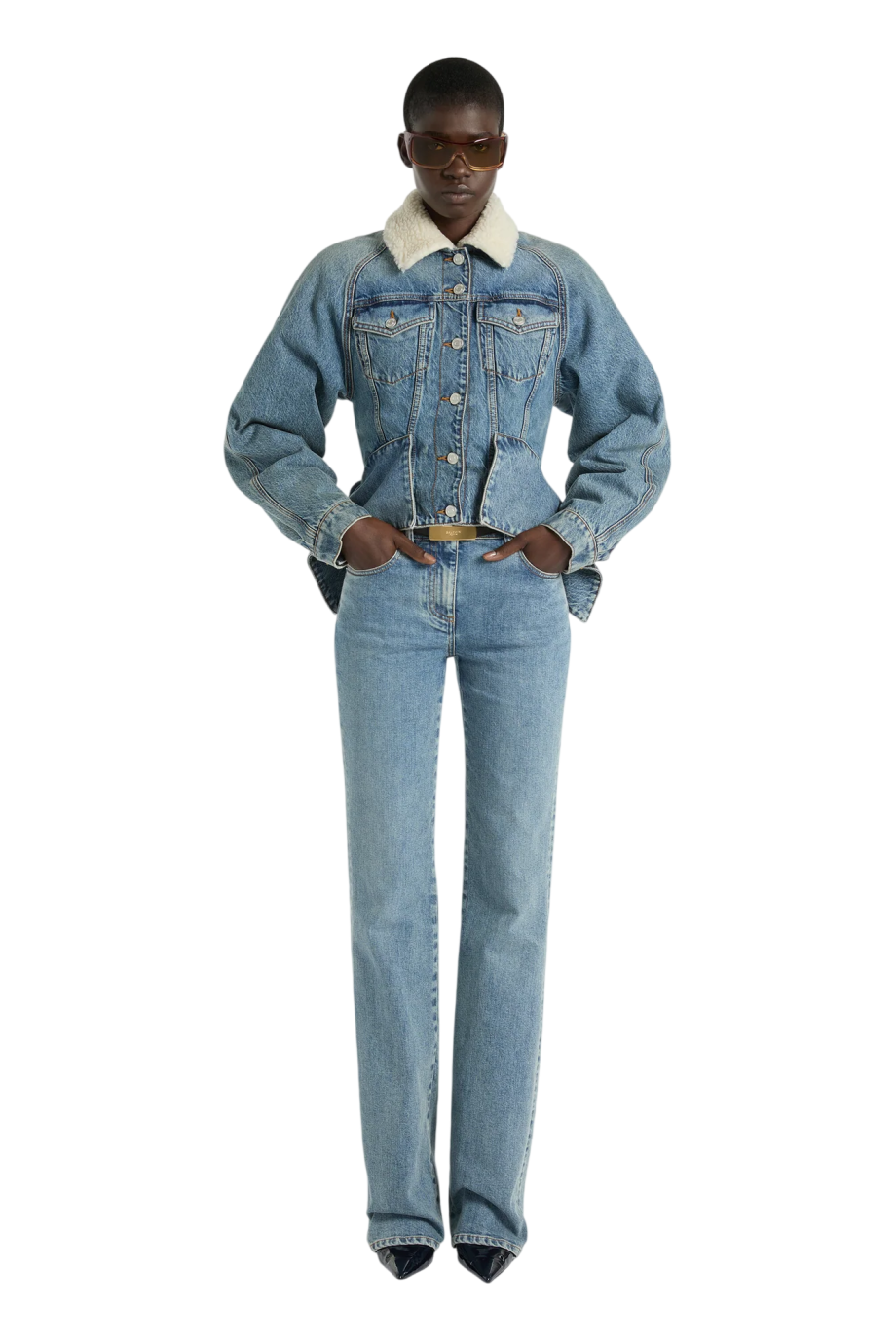 Shearling-collar denim jacket in blue jean