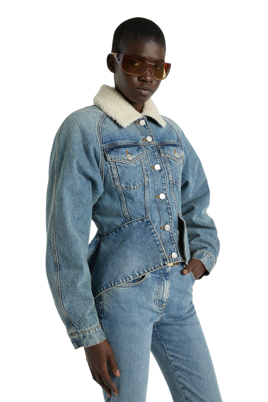 Shearling-collar denim jacket in blue jean