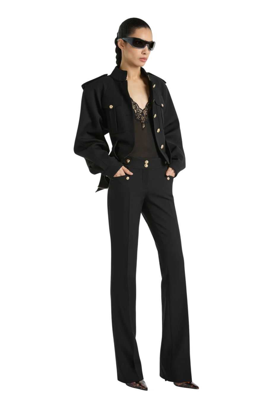 Pleated wool gabardine pants in black