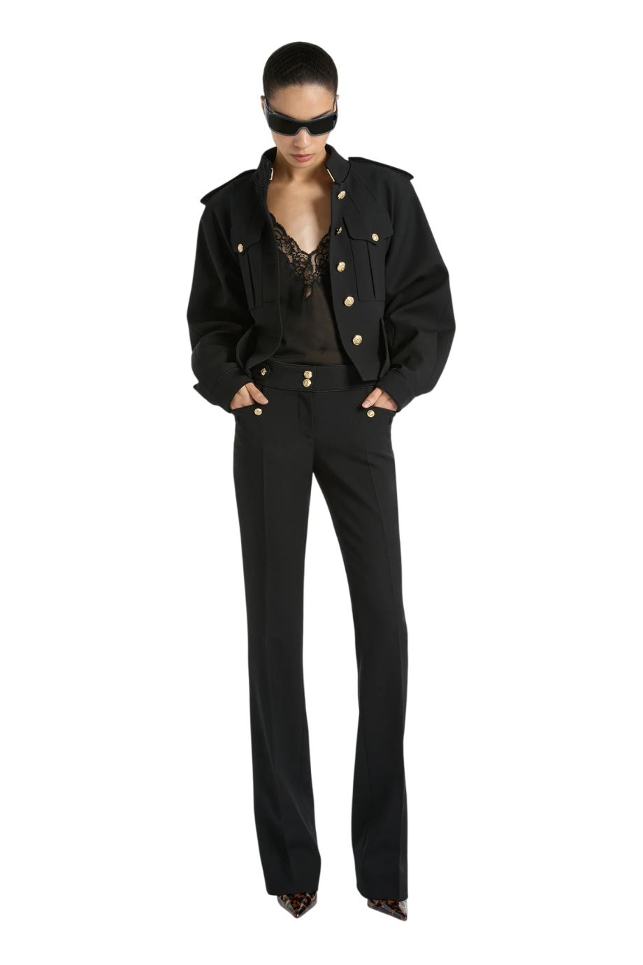 Pleated wool gabardine pants in black