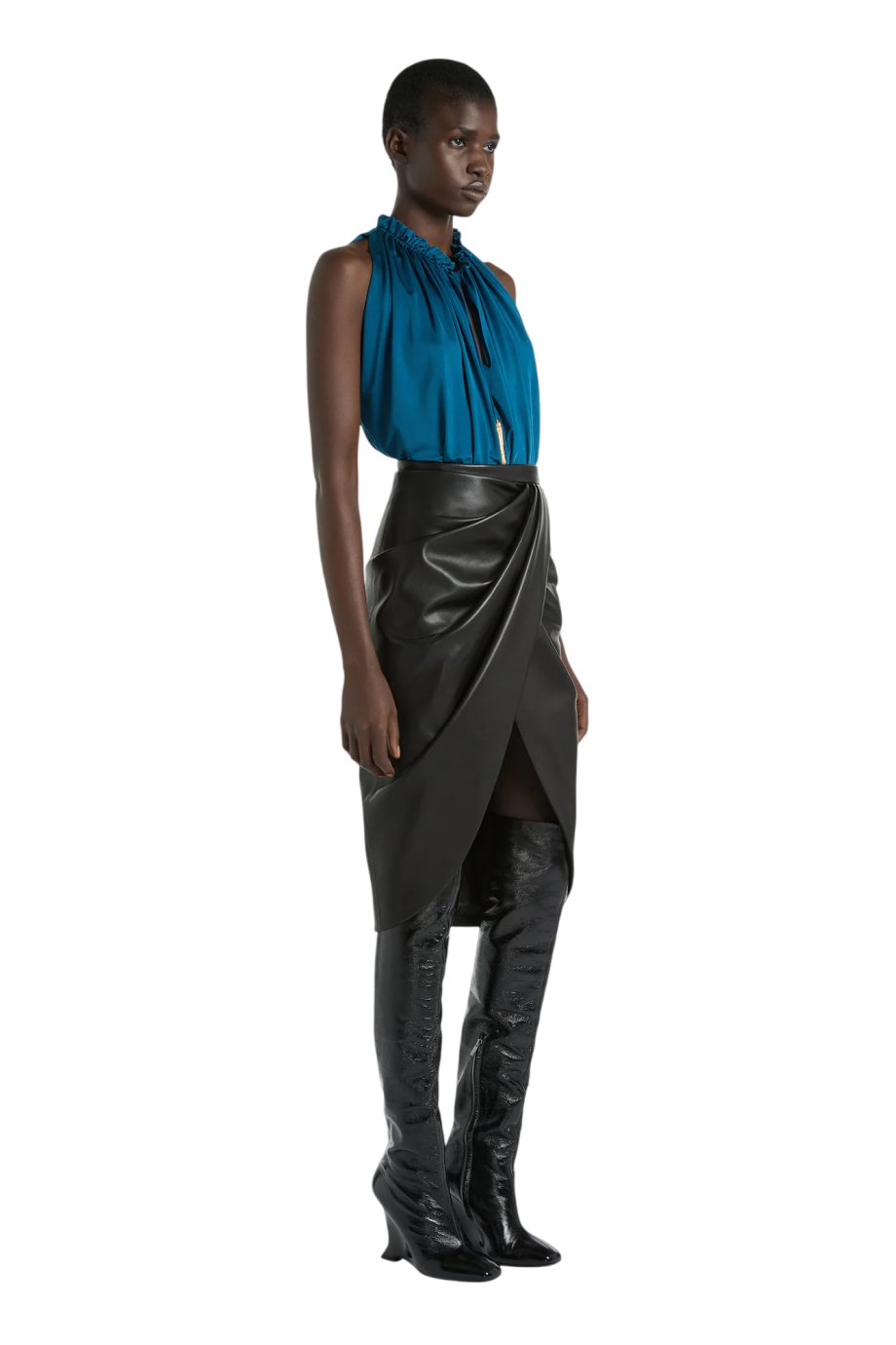 Draped lambskin midi skirt in black
