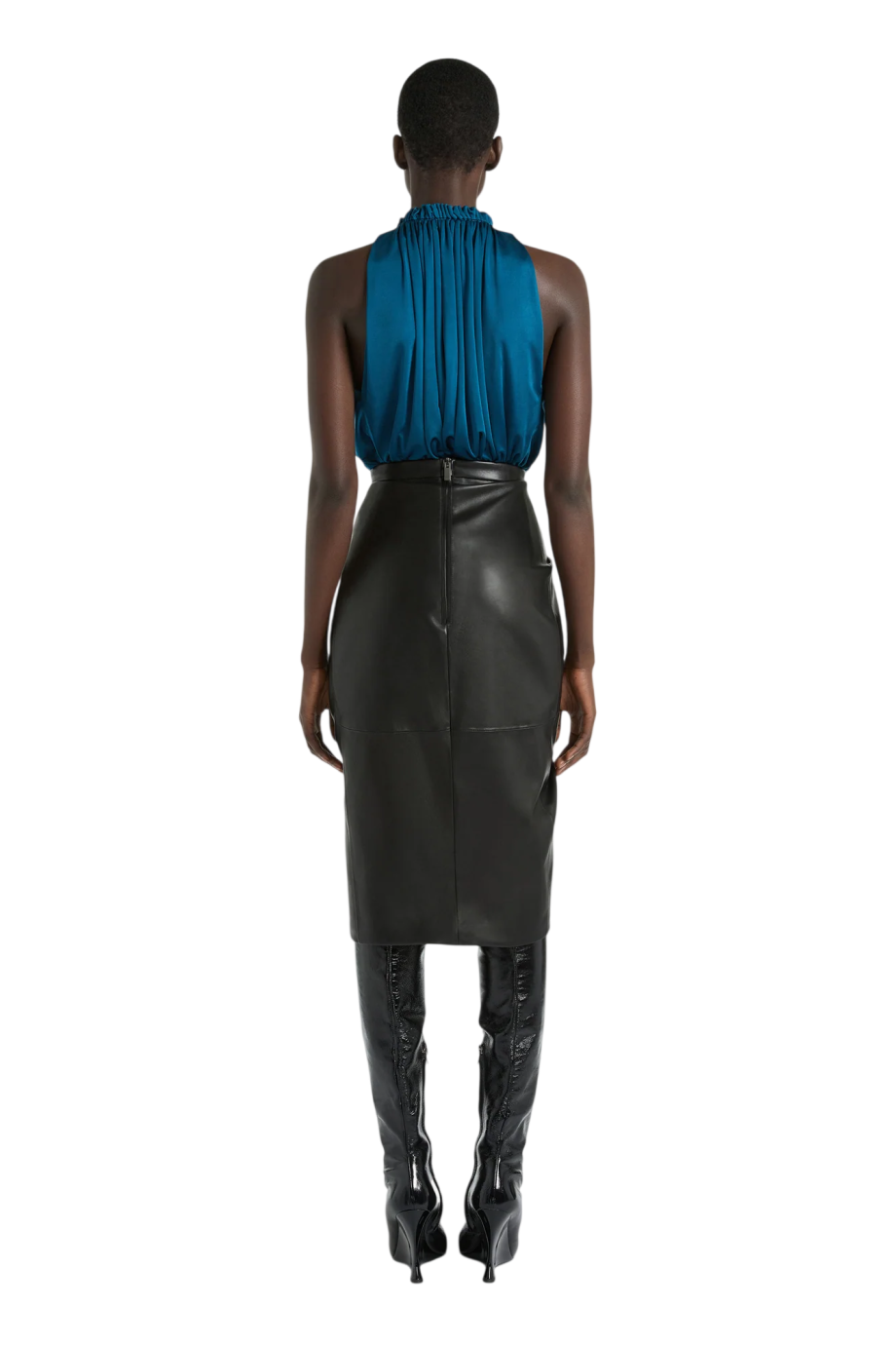 Draped lambskin midi skirt in black