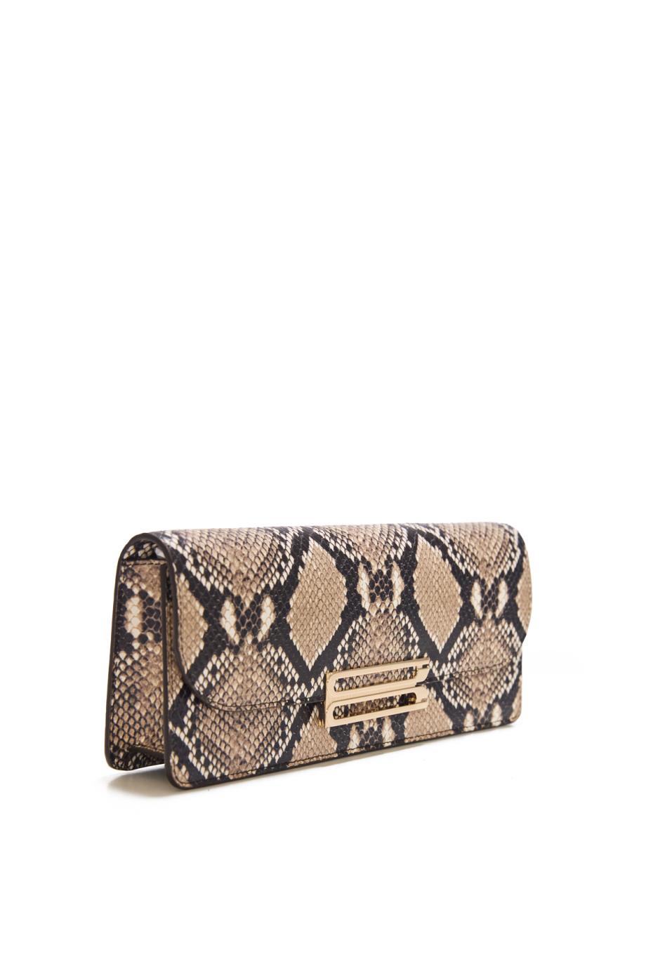Dorian East-West snake-print leather clutch in natural brown