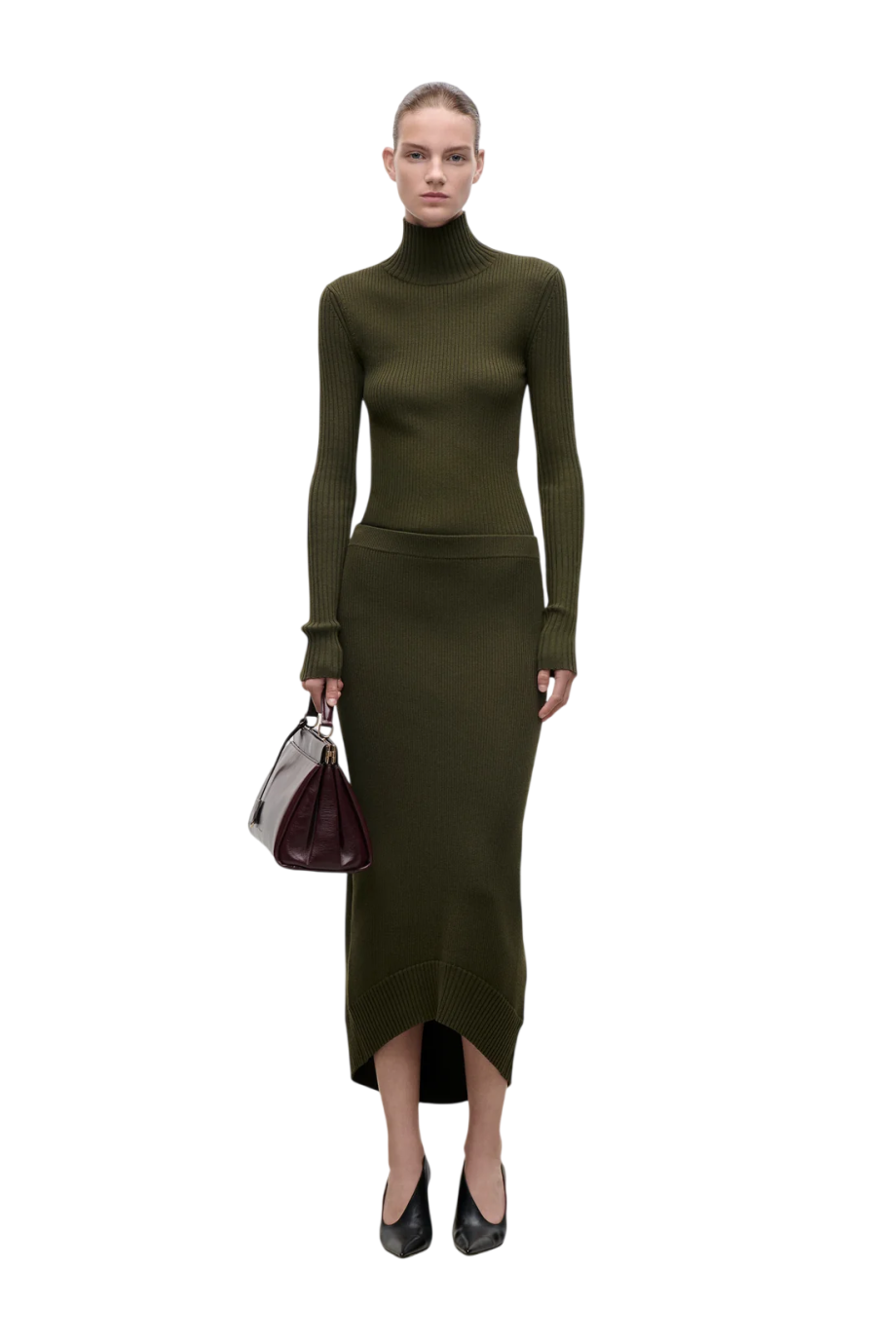 Ribbed merino wool-blend midi skirt in marsh green