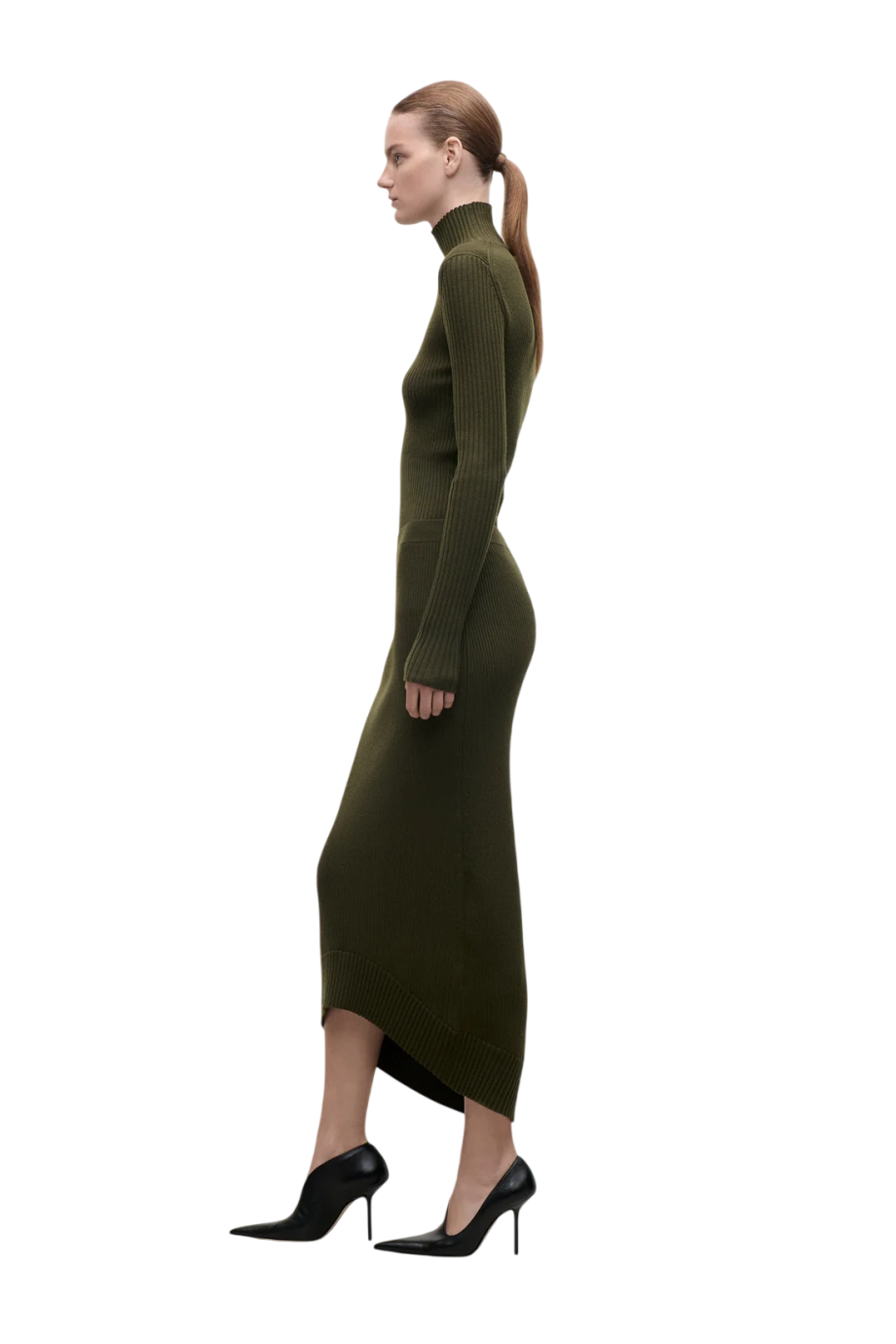 Ribbed merino wool-blend midi skirt in marsh green