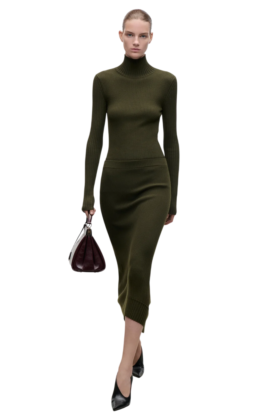 Ribbed merino wool-blend midi skirt in marsh green