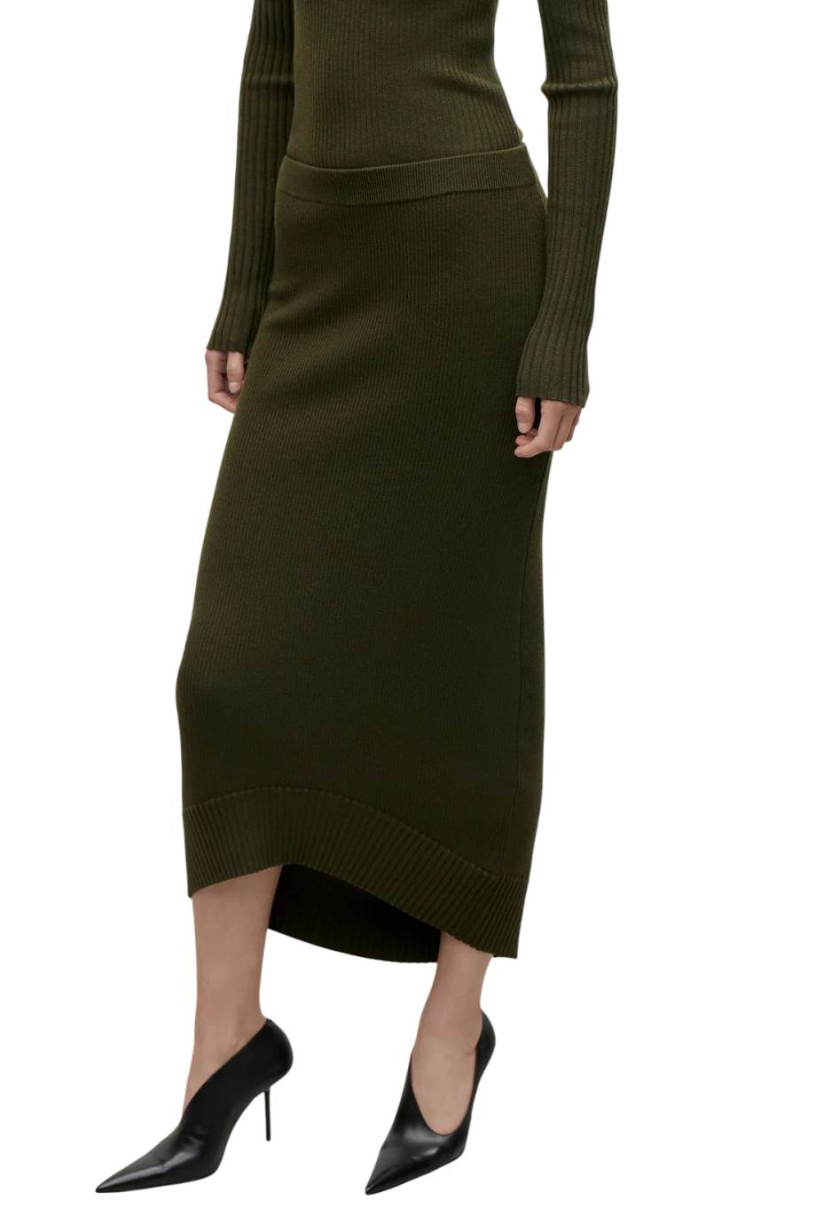 Ribbed merino wool-blend midi skirt in marsh green