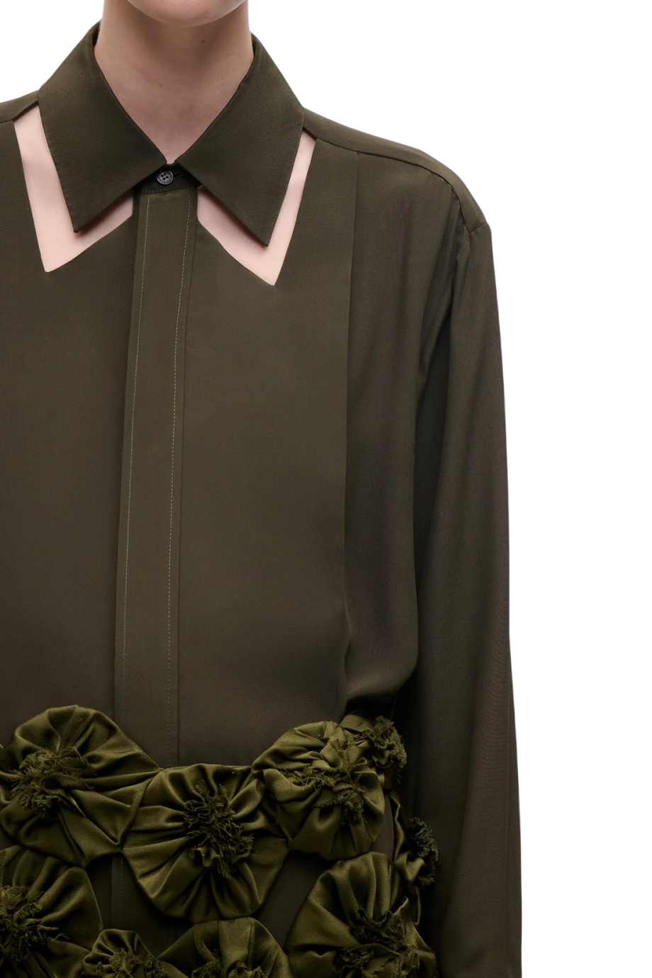 Cut-out collar silk blouse in marsh green