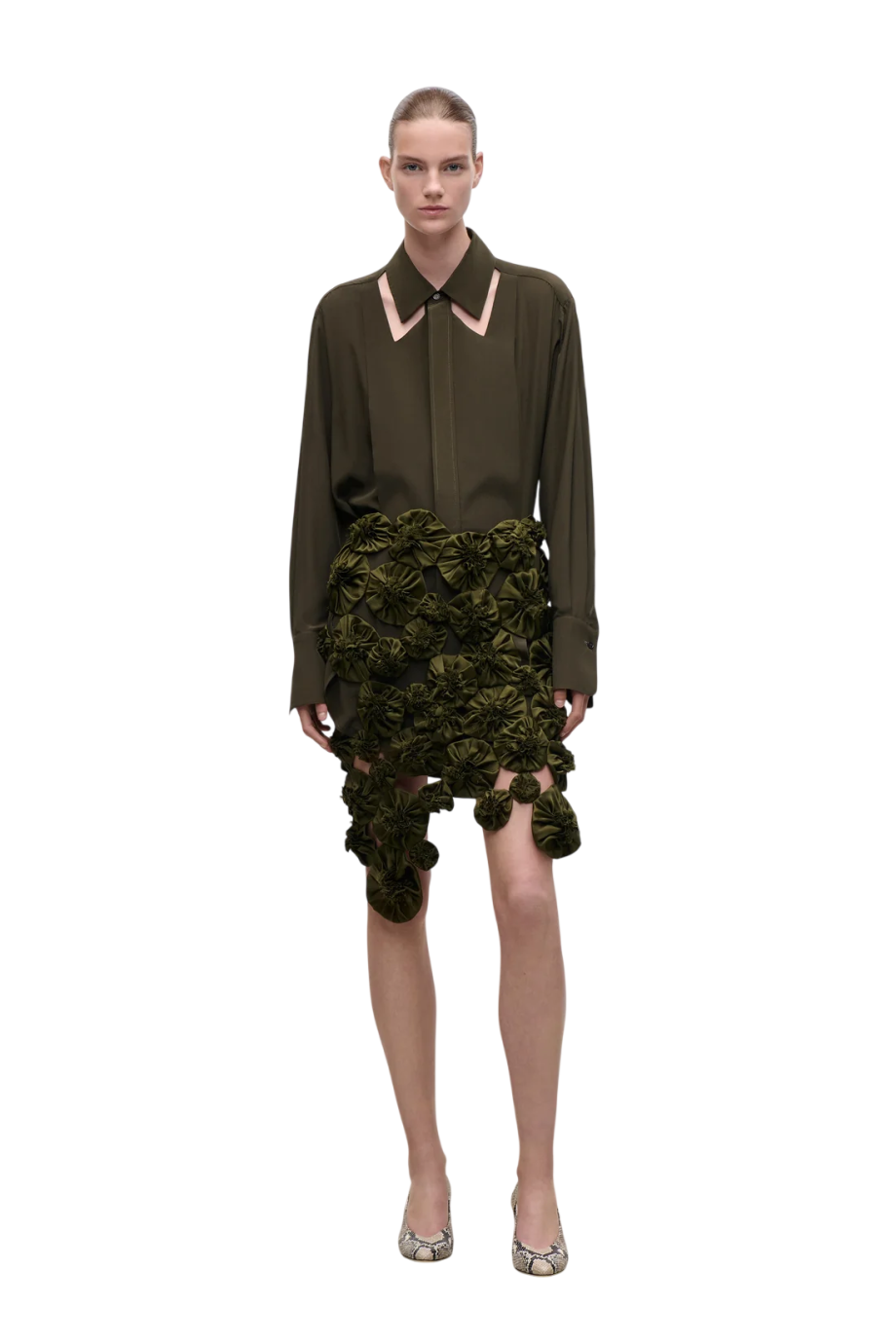 Cut-out collar silk blouse in marsh green