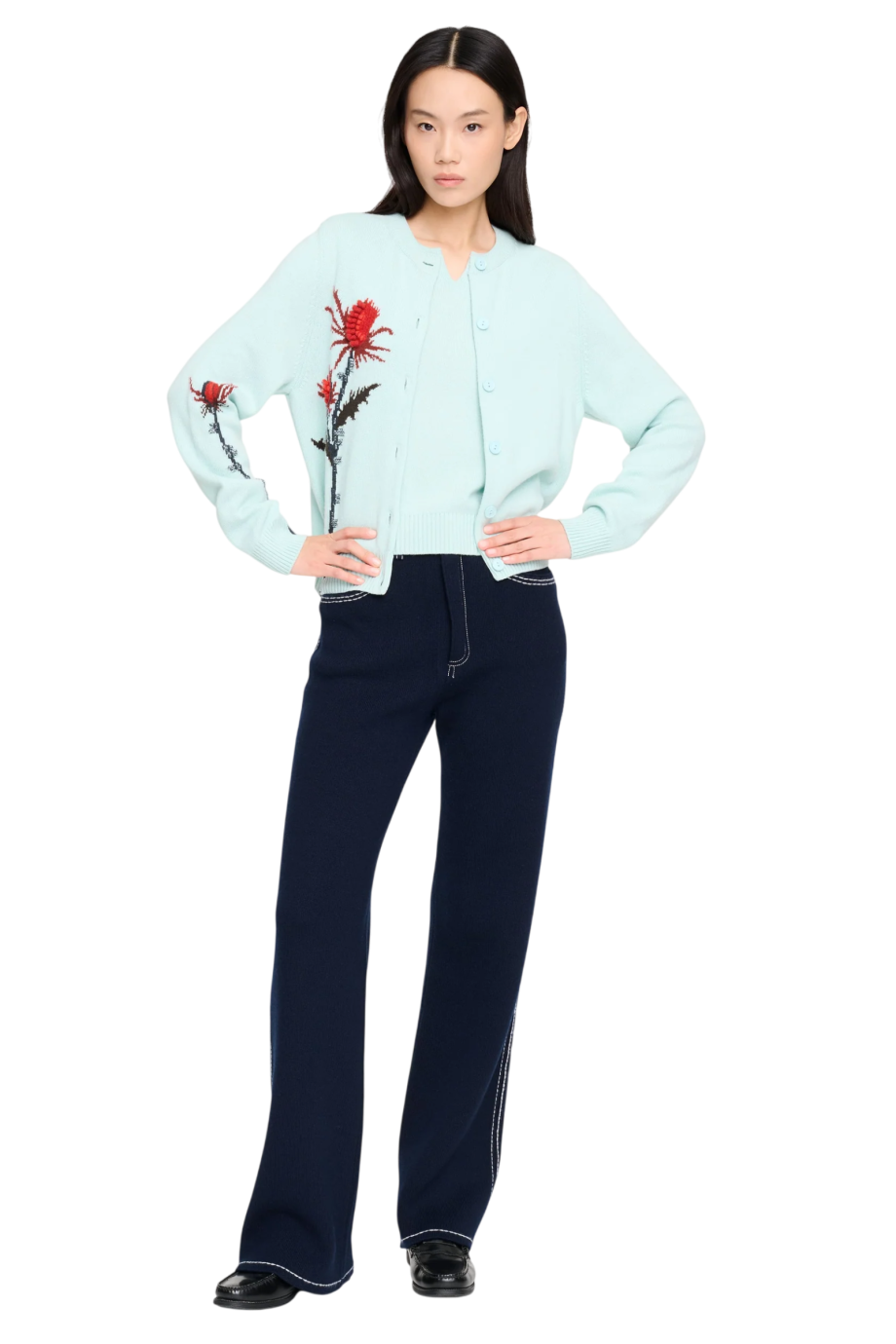 Bubble knit cashmere top in turquoise